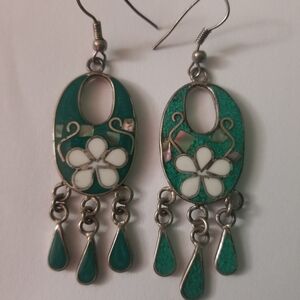 Mexico Silver Green and White Floral Enamel Earrings